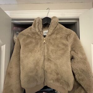Zara Kids Beige Faux Fur Puffer Jacket